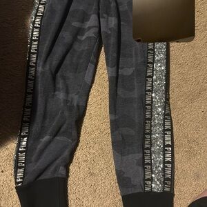PINK Victoria's Secret Kids Gray Camo Joggers with Silver Glitter